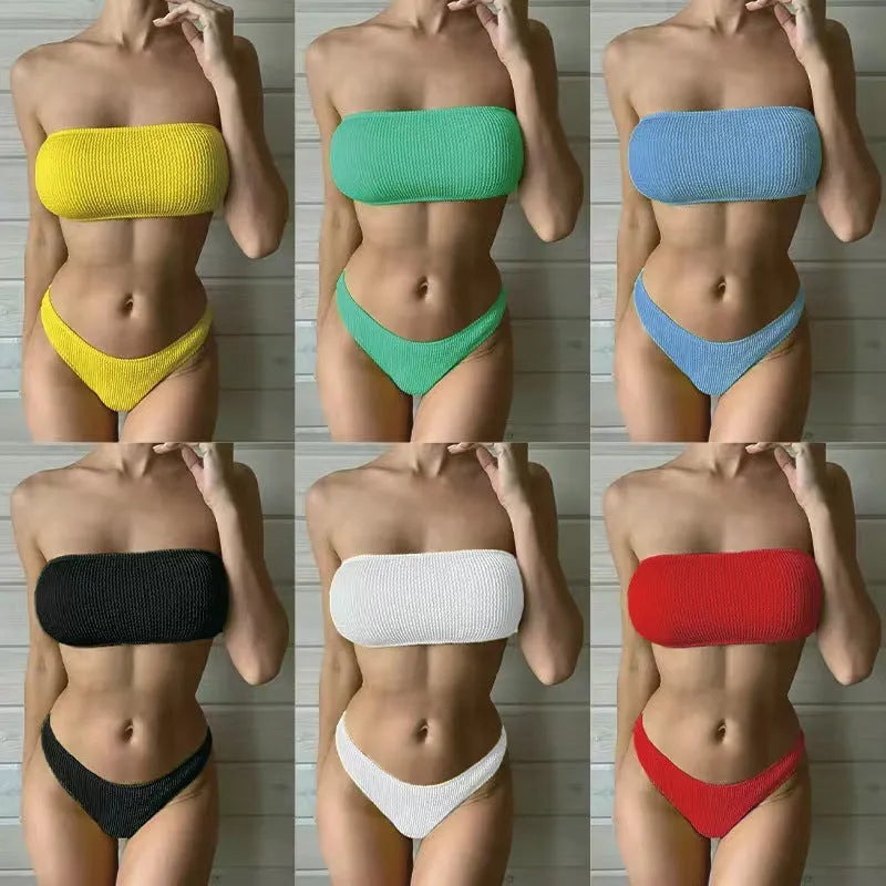 Women's solid colour snake cloth tube top and high-waist bikini set on a mannequin.