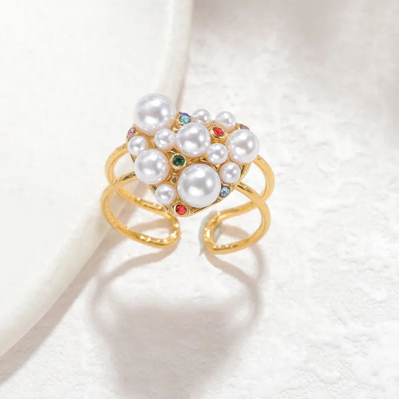 Women's stainless steel adjustable ring with pearl and zircon decoration in heart-shaped or round style