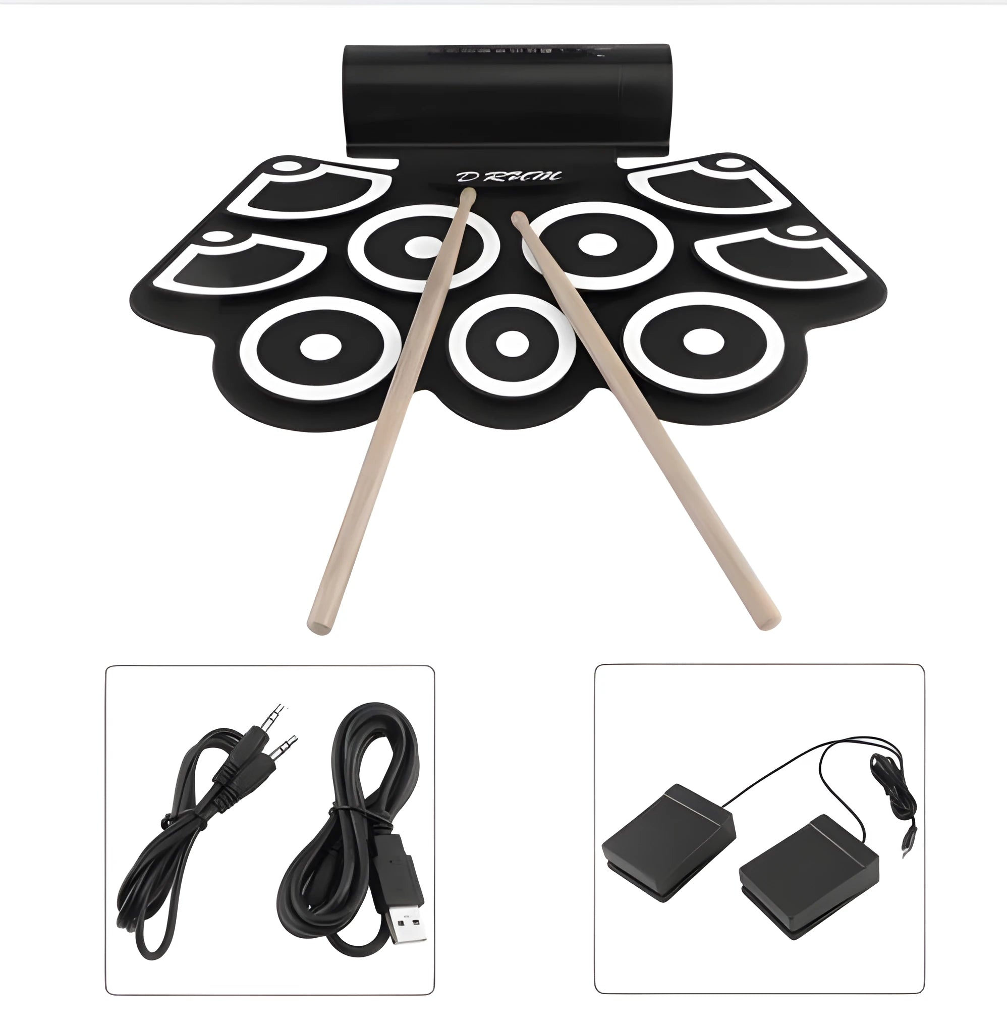 TSAI black plastic and silicone portable electronic roll drum pad with built-in speakers and pedals