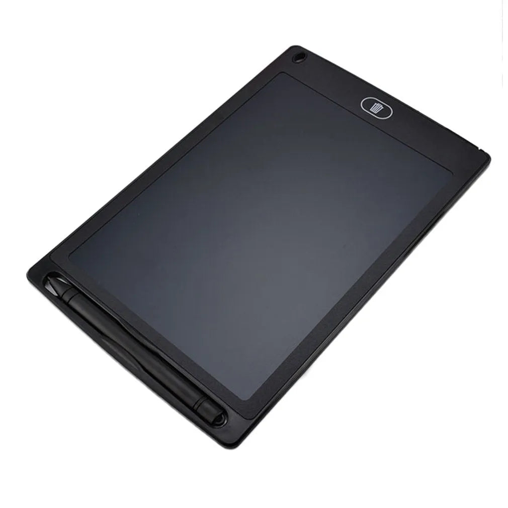 LCD electronic handwriting board for children in blue, showing stylus on screen.