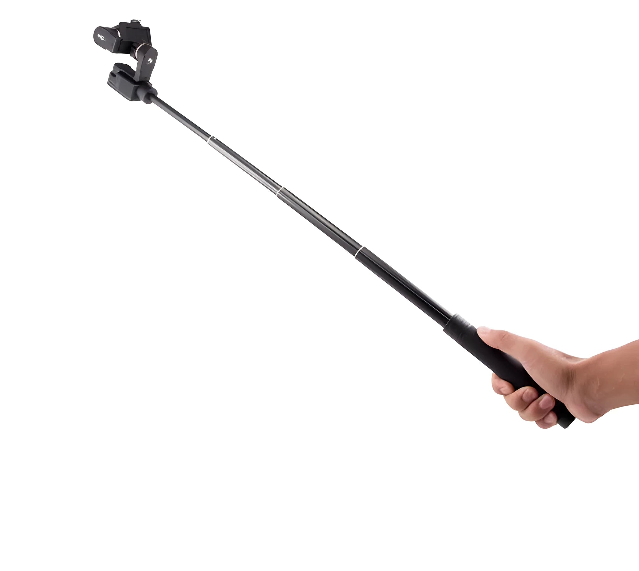 Black retractable aluminium selfie stick with phone clamp, extended to full length.