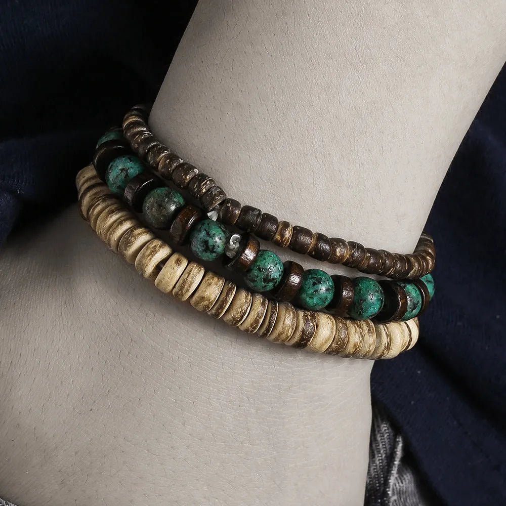 Retro men's coconut wood multi-layer stackable bracelet set with round beads