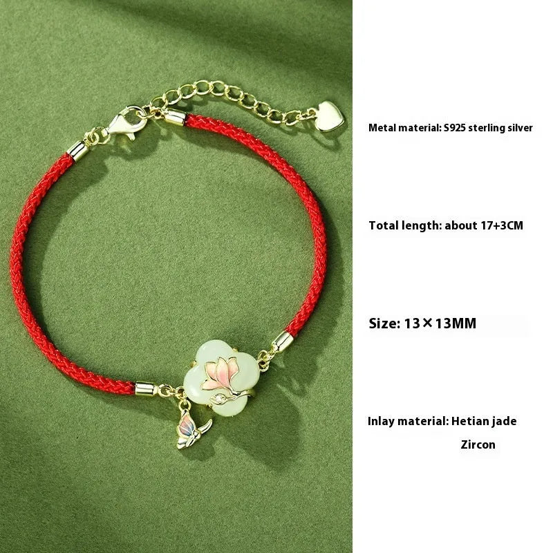 Magnolia Hetian jade jewellery set with sterling silver necklace, bracelet and earrings in New Chinese style