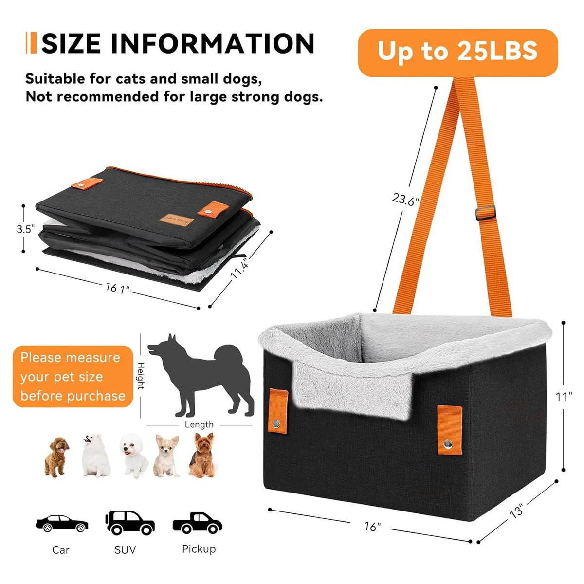 Portable small dog car seat with clip-on safety leash, 40.6x33x28cm, in orange, grey, or black