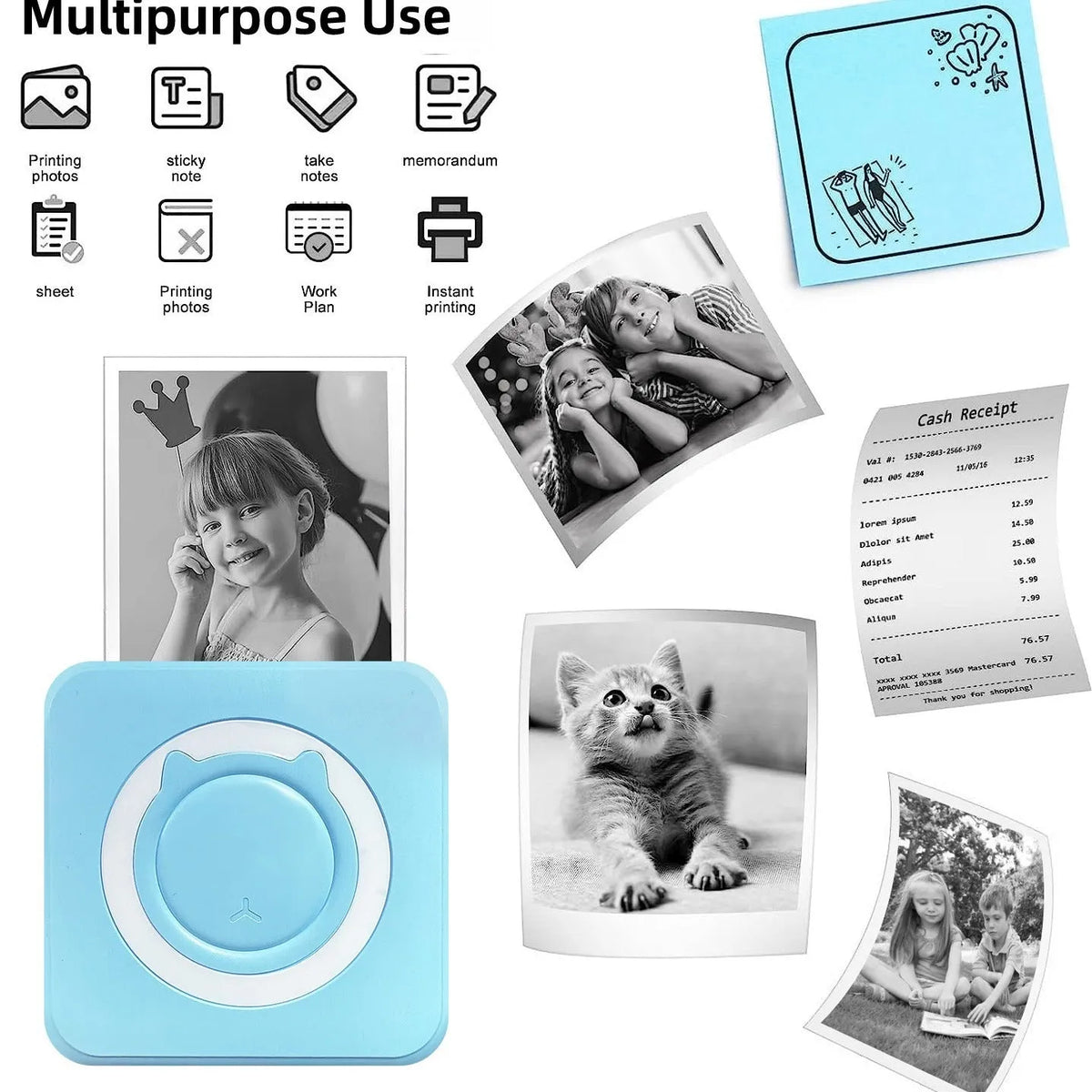Pocket mini thermal label printer 80x80x35mm USB interface in black and macaron colours