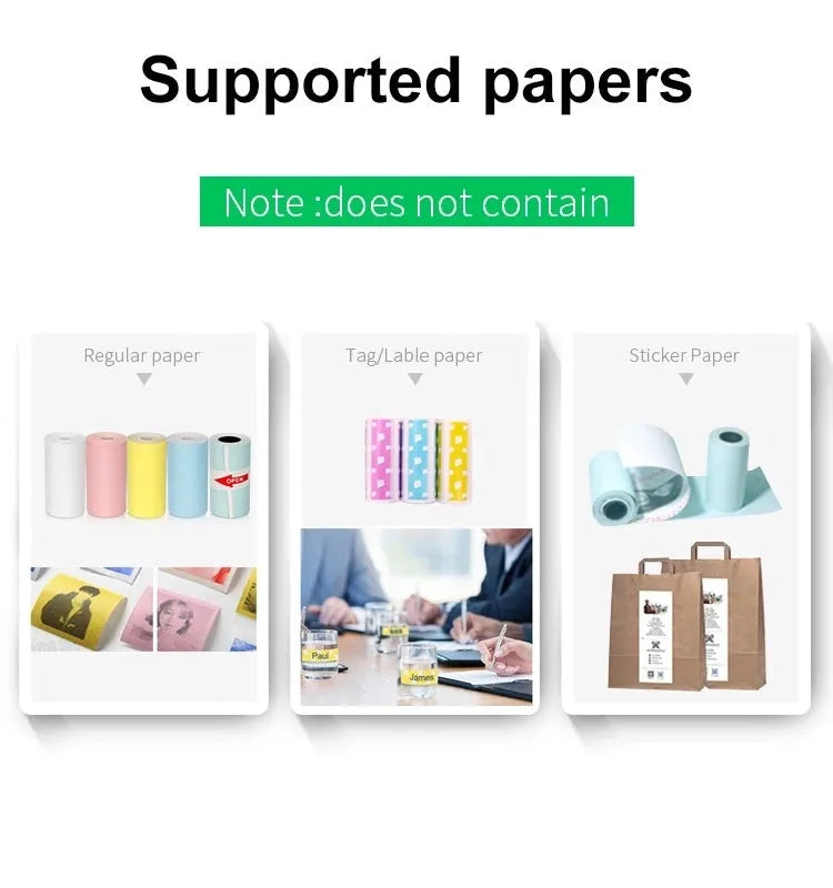 Mini Bluetooth wireless thermal printer in white, pink, and blue, 79x42x79mm, for printing photos from smartphone