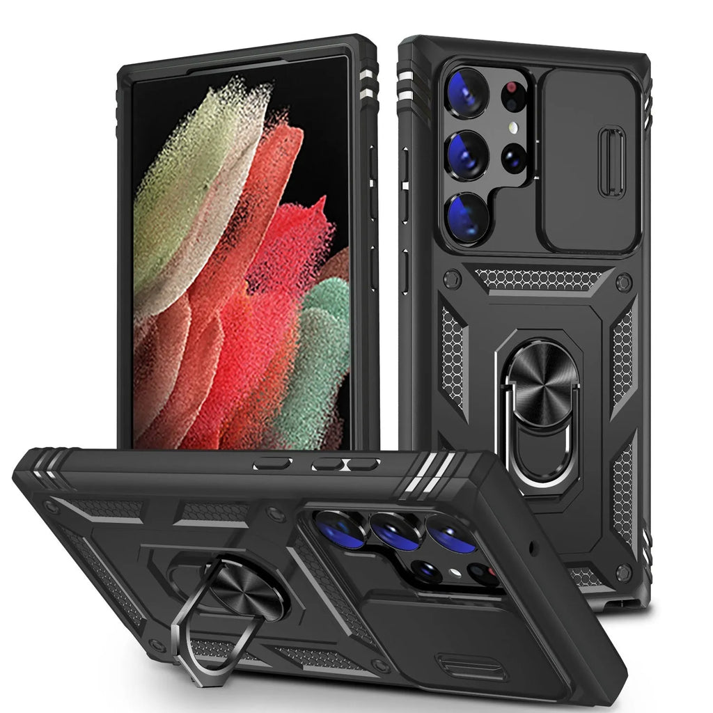 S24 Ultra phone case with sliding window bracket, PC drop-resistant cover, multiple colours