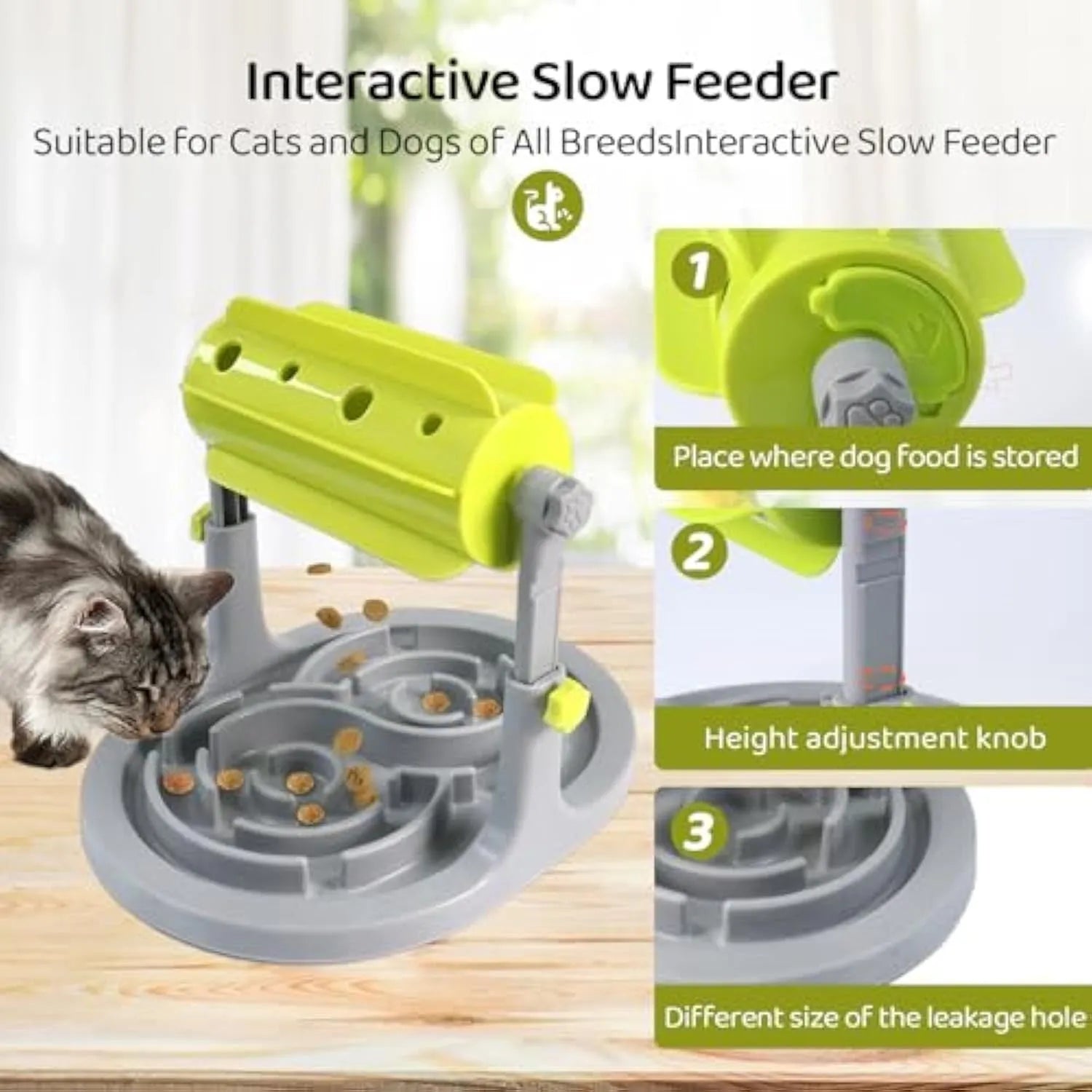 Interactive pet slow feeder bowl with adjustable height in blue, green, and pink options