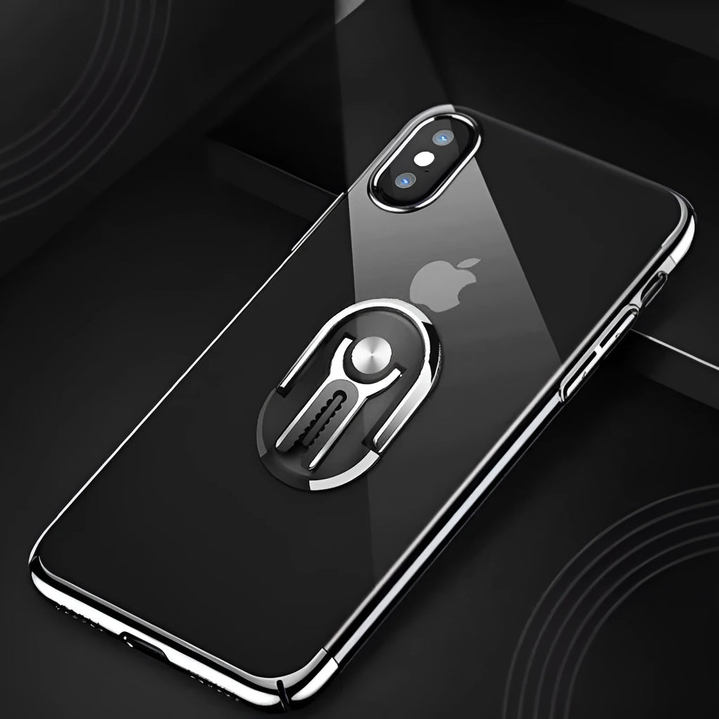 Universal mobile phone car ring bracket shown in black, silver, blue, gold, and red colour options.