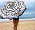 Round printed tassel beach mat in colour combination pattern, 150-155cm diameter, polyester fabric, fringed edge