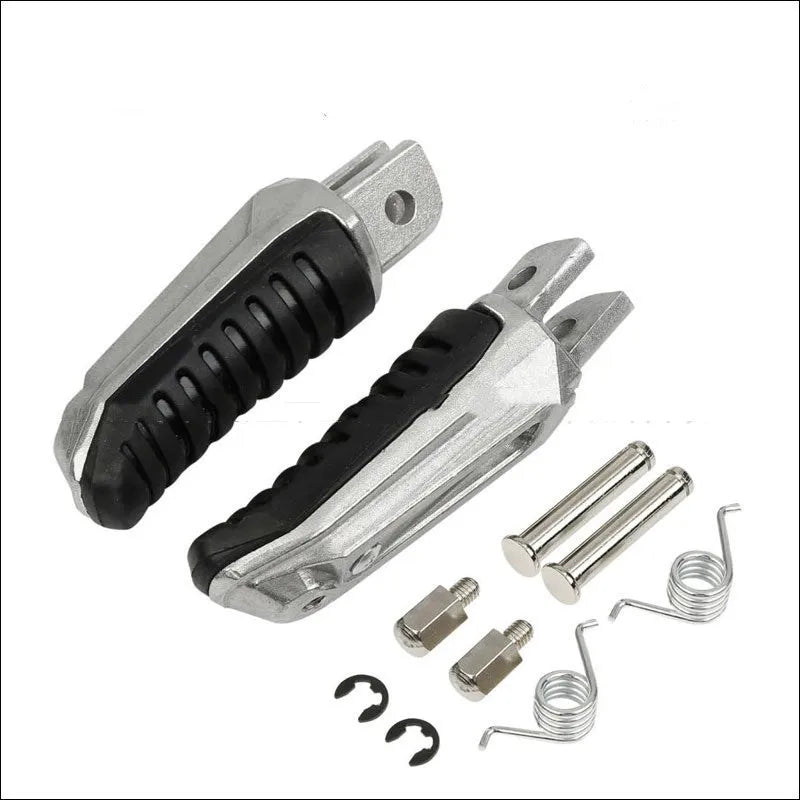 Black aluminium alloy motorcycle footpegs replacement set for Suzuki models on a plain background.