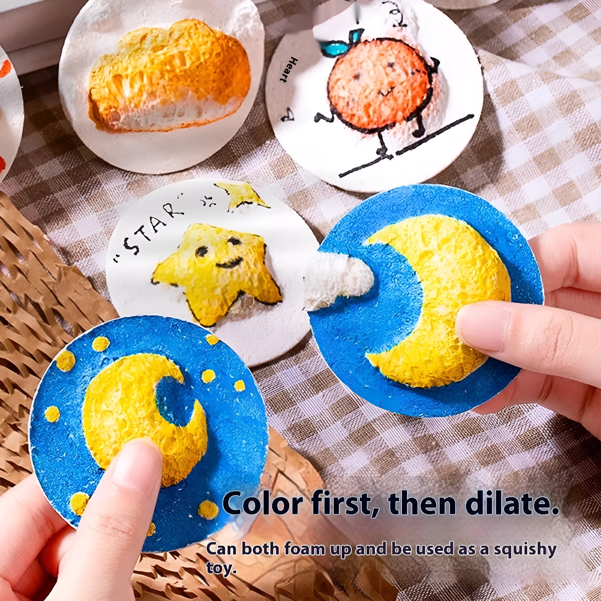 Wood pulp paper painting sponge set showing cartoon pattern sponges and paper sheets