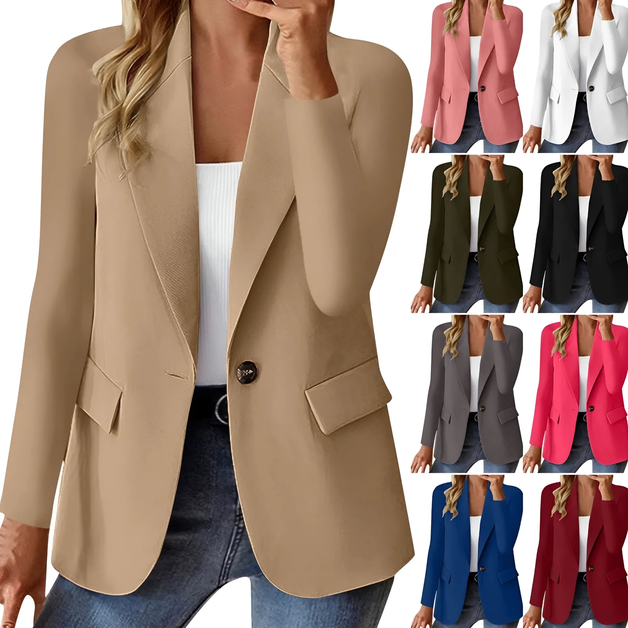 Women's long sleeve solid colour cardigan small suit jacket slim fit with pockets in black polyester fabric.