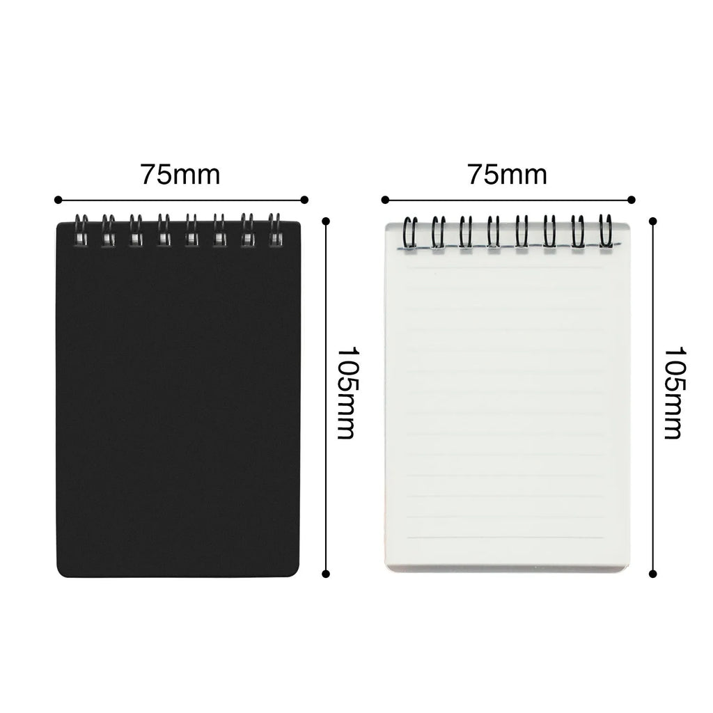 Spiral bound black business notepad with pen on 105x75mm environmentally friendly paper
