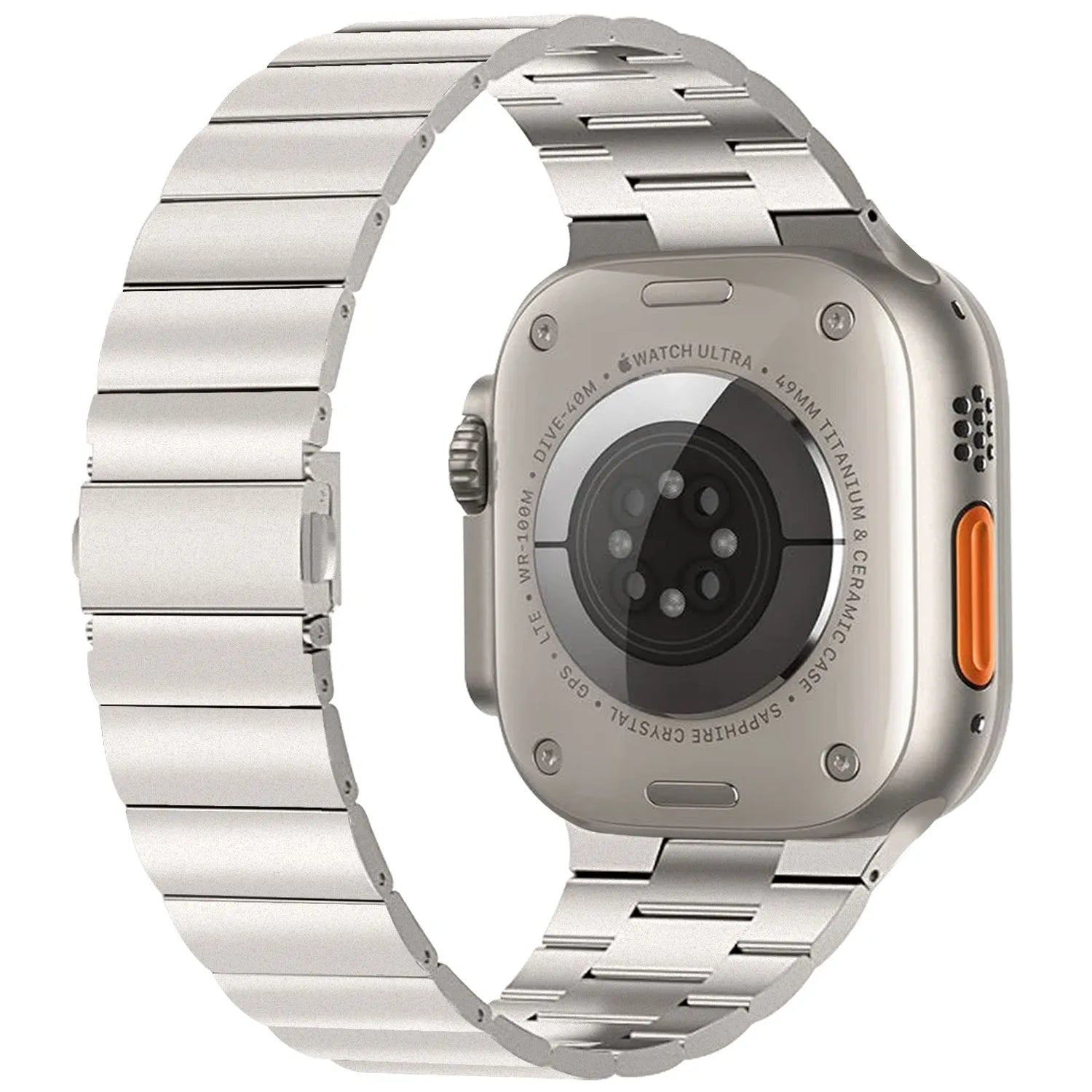 Stainless steel metal watch band for iWatch 38mm to 49mm in silver finish on table
