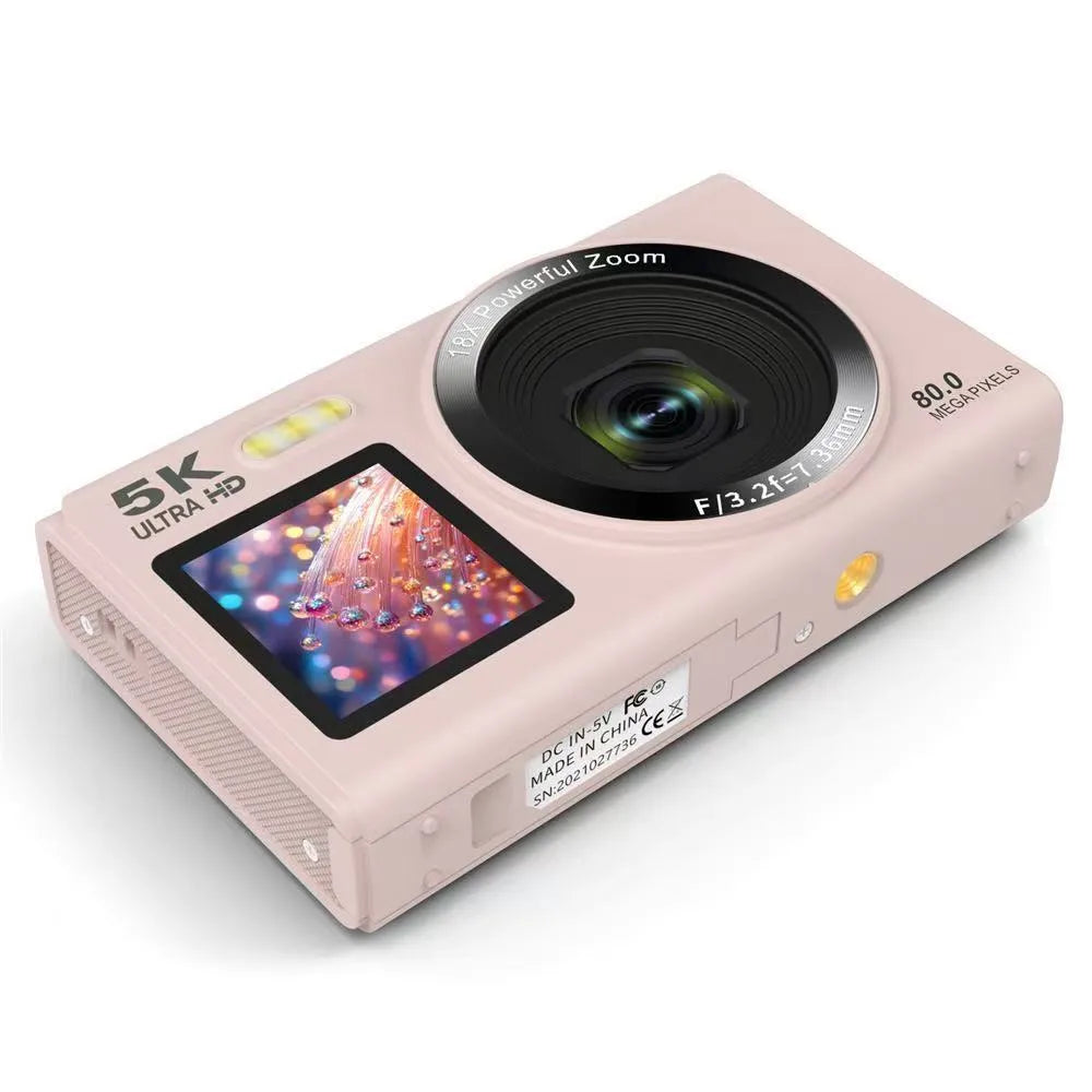 HD dual-screen selfie video digital camera in pink with ABS PC body and Full HD screen