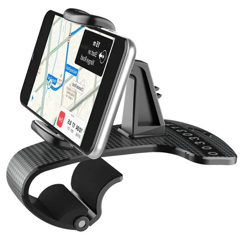 Black car phone mount with 360-degree rotating head and width-adjustable cradle