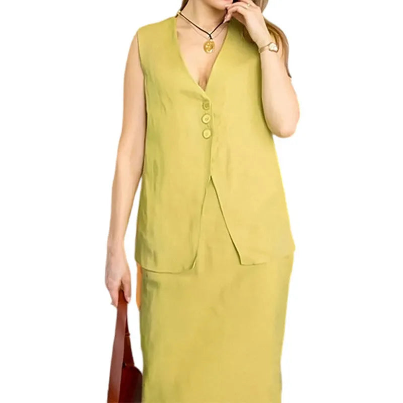 Blue casual sleeveless vest and long skirt two-piece set on a hanger.