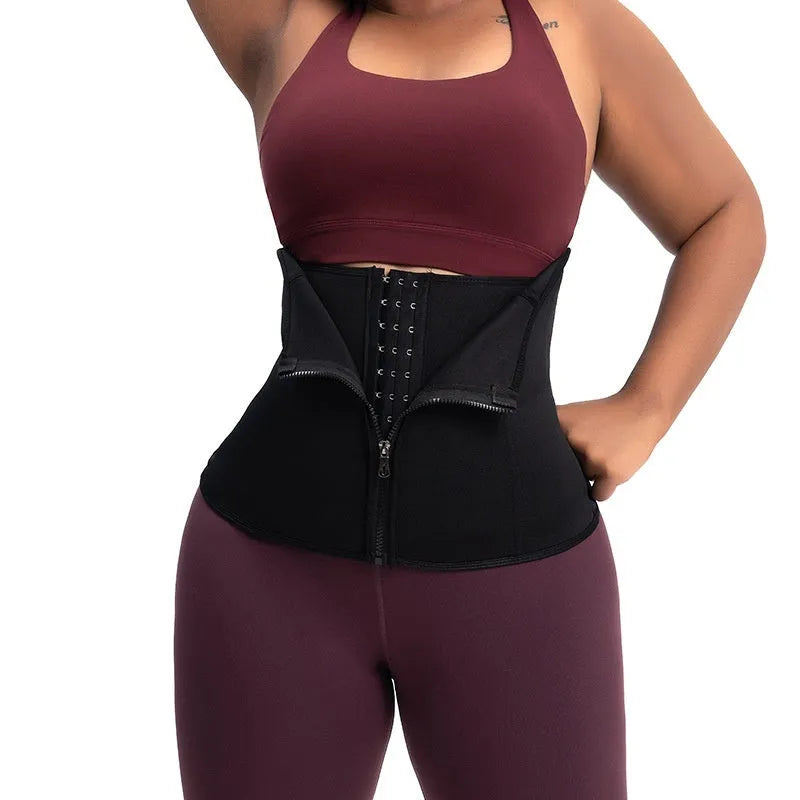 A black neoprene breasted belly band corset for women's abdominal shaping and support.