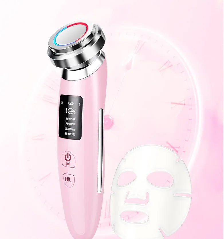 Pink cleansing and rejuvenating beauty instrument showing 185mm length with sonic vibration technology