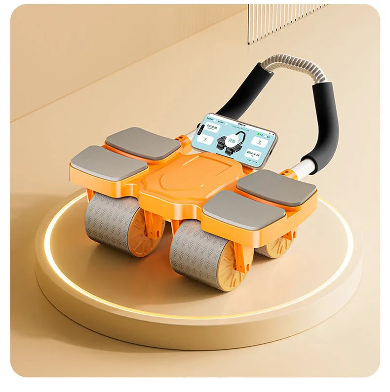 Automatic rebound abdominal wheel fitness equipment with four wheels on a floor.