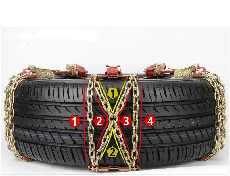 Anti-skid snow chain in wear-resistant steel with copper colour, shown for car and off-road tyre use on ice snow and mud