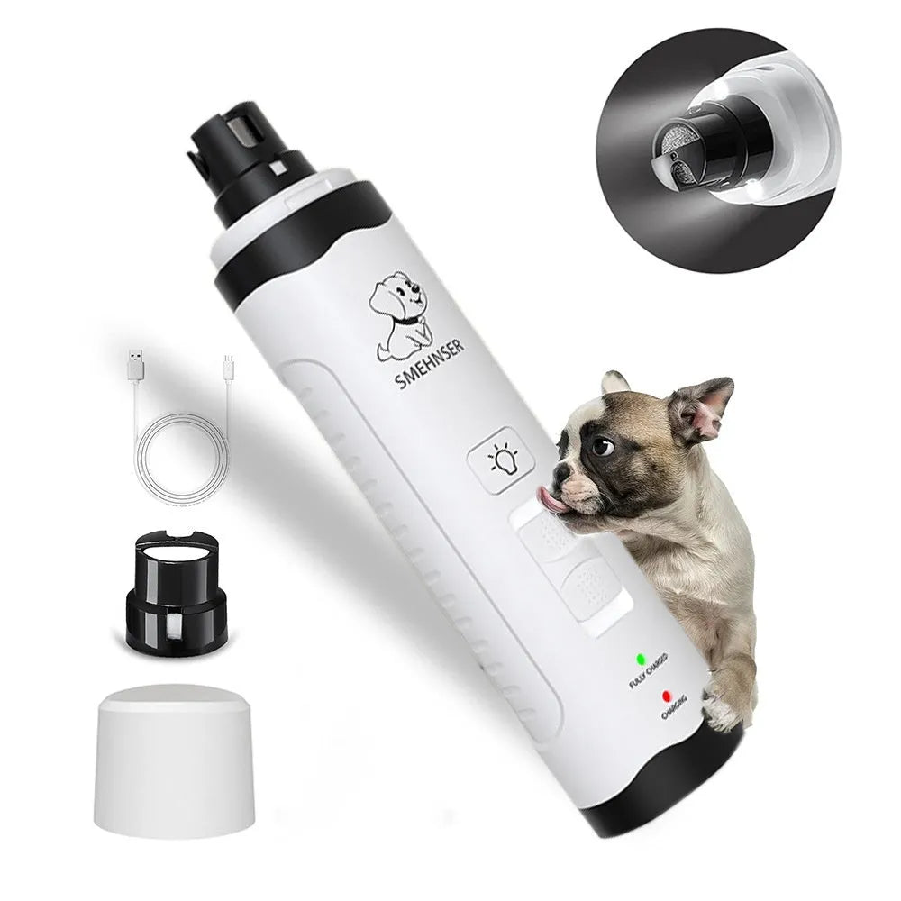 Electric dog nail trimmer with LED display showing speed settings on a grey background.