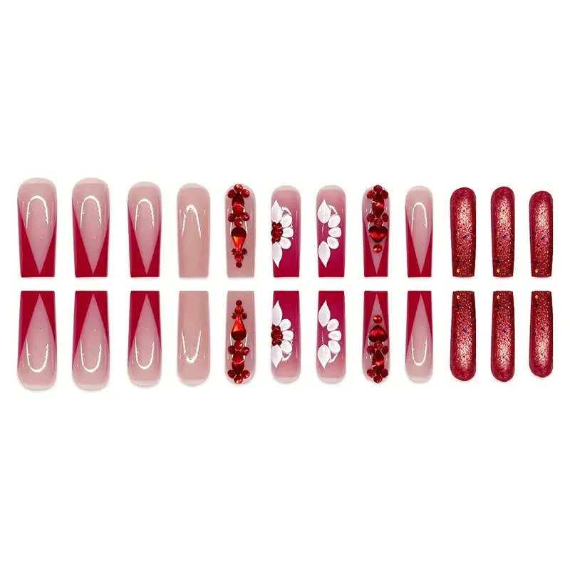 Sweet flowers pattern artificial nails with prismatic red diamond accents in European square shape