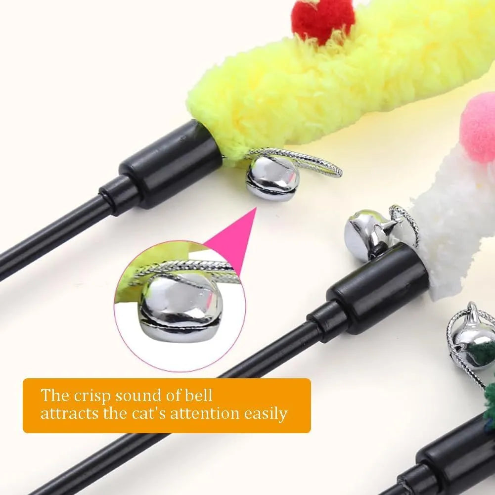 Blue interactive cat wand toy with long plush strip and fluffy bell ball on a pole.