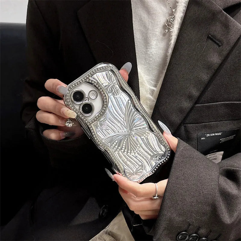 Cream TPU phone case with laser butterfly pattern and diamond edge for Apple iPhone