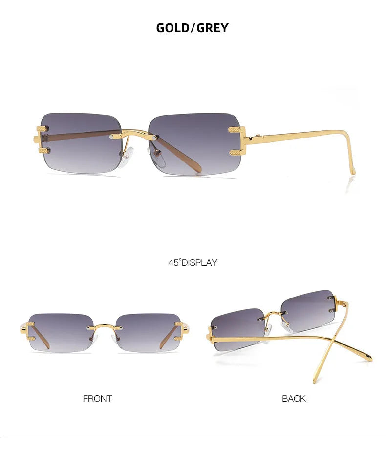 Retro square frameless sunglasses with metal frame and AC lenses, gold or black frame, six colour options.