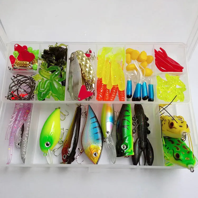 142-piece fishing lure set with hard mino lures, sequins, metal and plastic lures, fishhooks, and fishing pliers on a blue background.