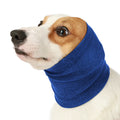 Blue and grey polyester dog comforter headband scarf shown in small, medium, and large sizes.