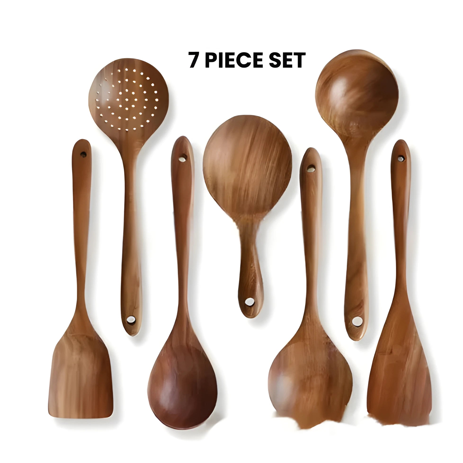 Seven-piece wooden kitchen utensil set including various spoons and spatulas on a table.
