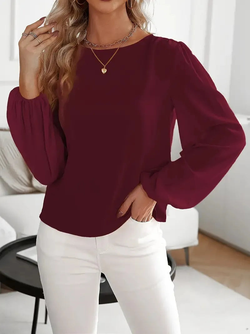 Solid colour women's round neck long sleeve top in wine red with button detail