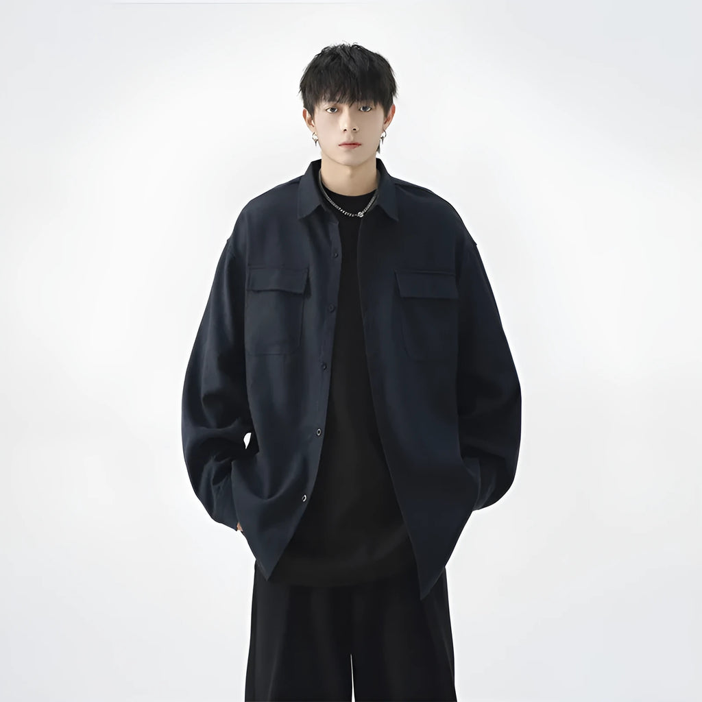 Men's loose large size casual work shirt jacket in black, polyester blend, long sleeves, regular length