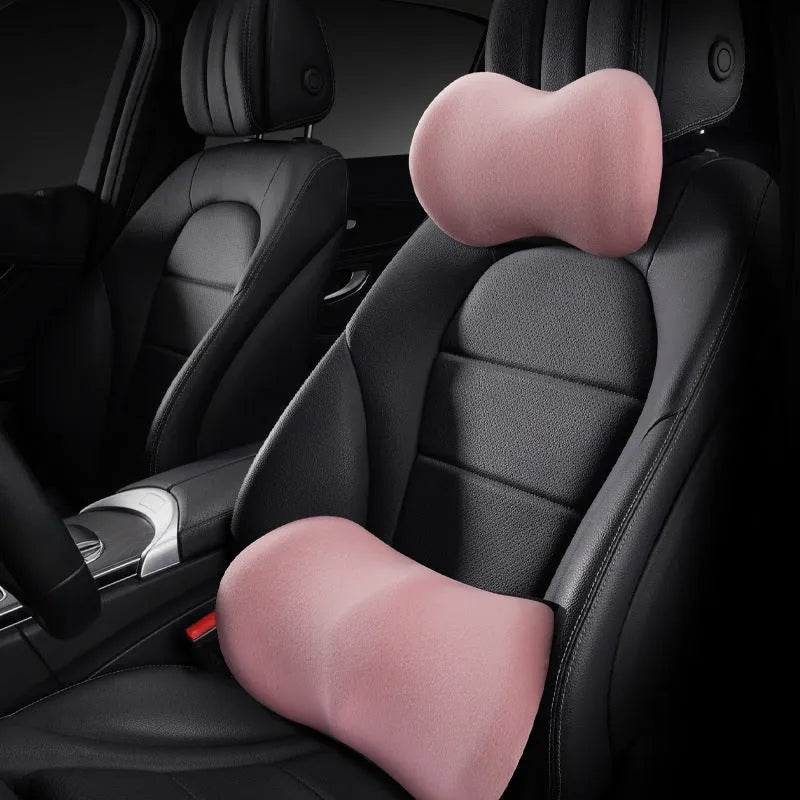 Car seat headrest pillow and lumbar support cushion set in assorted colours