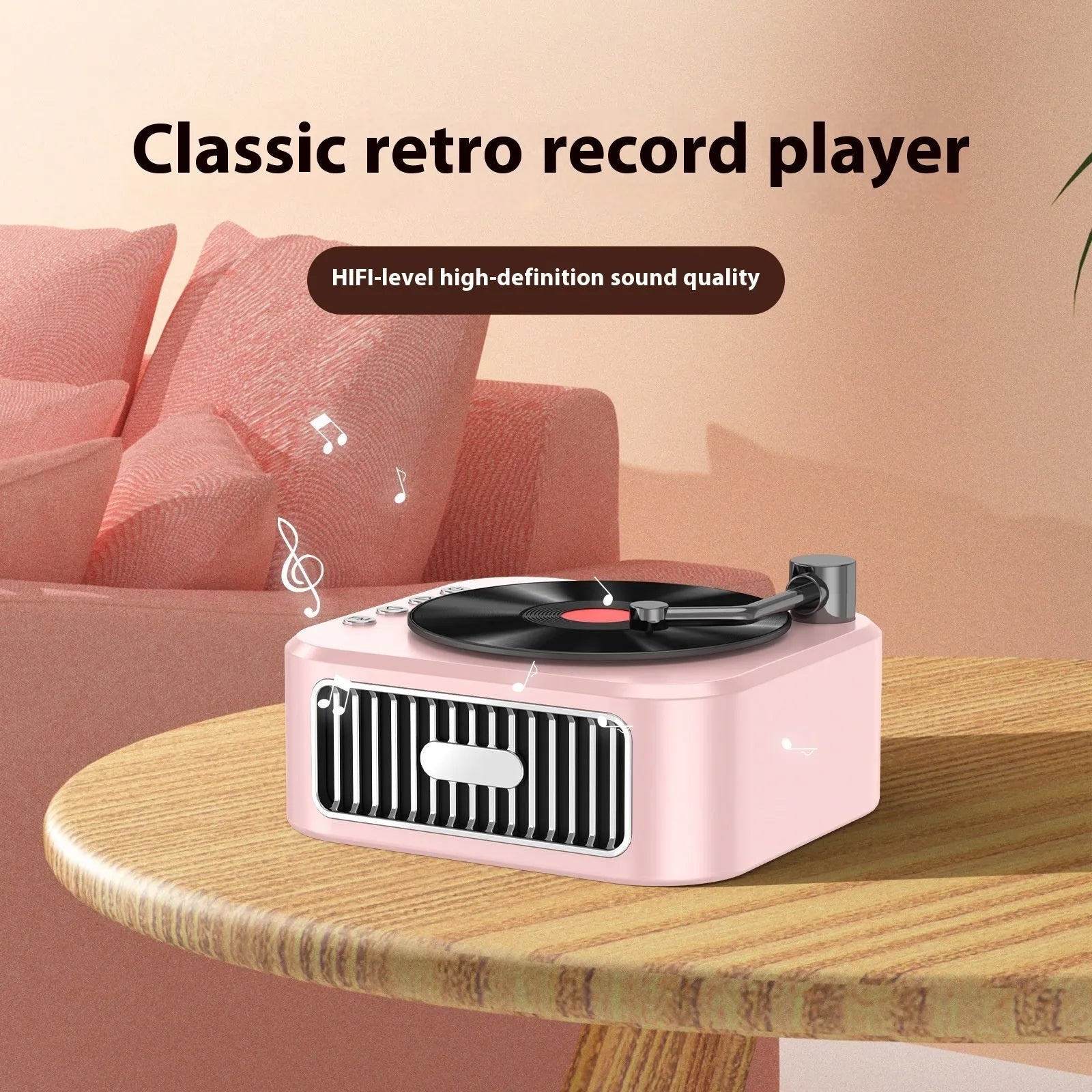 Retro jukebox Bluetooth speaker in sunset pink with USB power, voice prompts, and card insertion