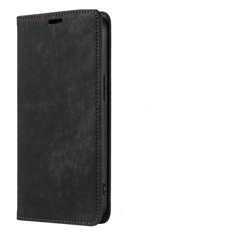 Magnetic flip leather phone case for iPhone in various solid colours showing front closure.