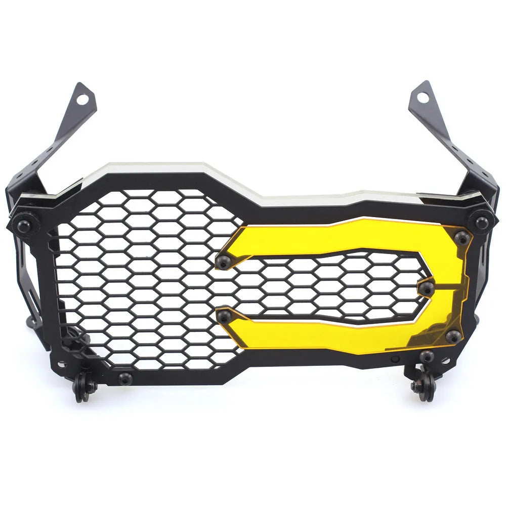 BMW motorcycle headlight protective cover in a choice of colours including fluorescent yellow, mounted on a GS adventure bike.