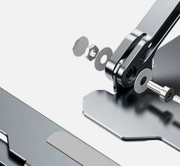 Grey adjustable aluminum laptop stand in folded and open positions on a wooden desk