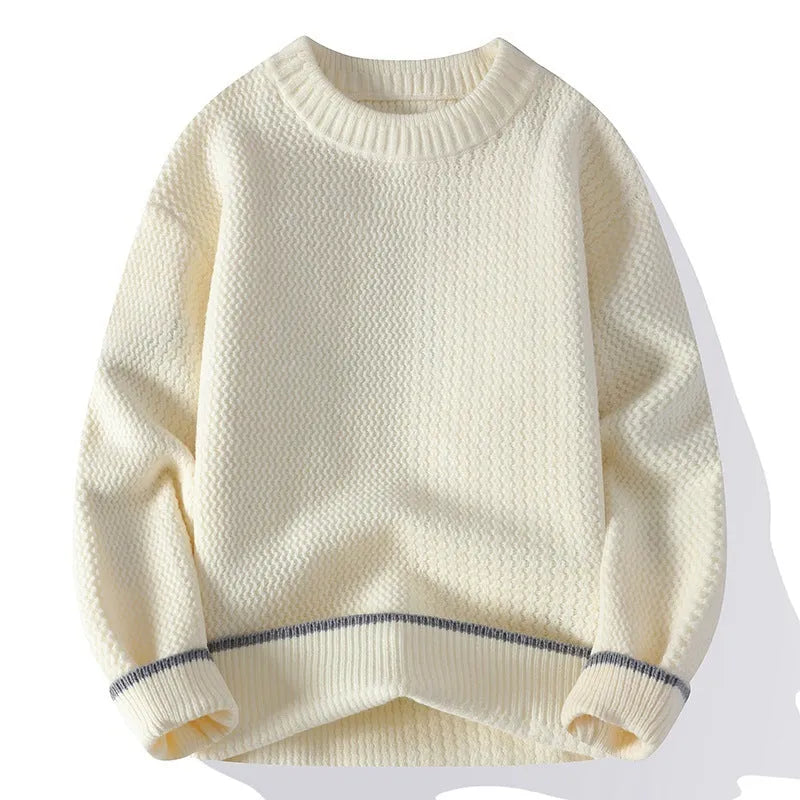 Men's grey round neck pullover sweater with loose fit long sleeves