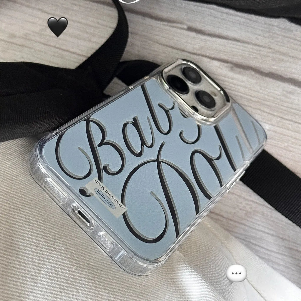Blue transparent iPhone case with mirror accents and JMKJ English letters, shown fitted to a phone.