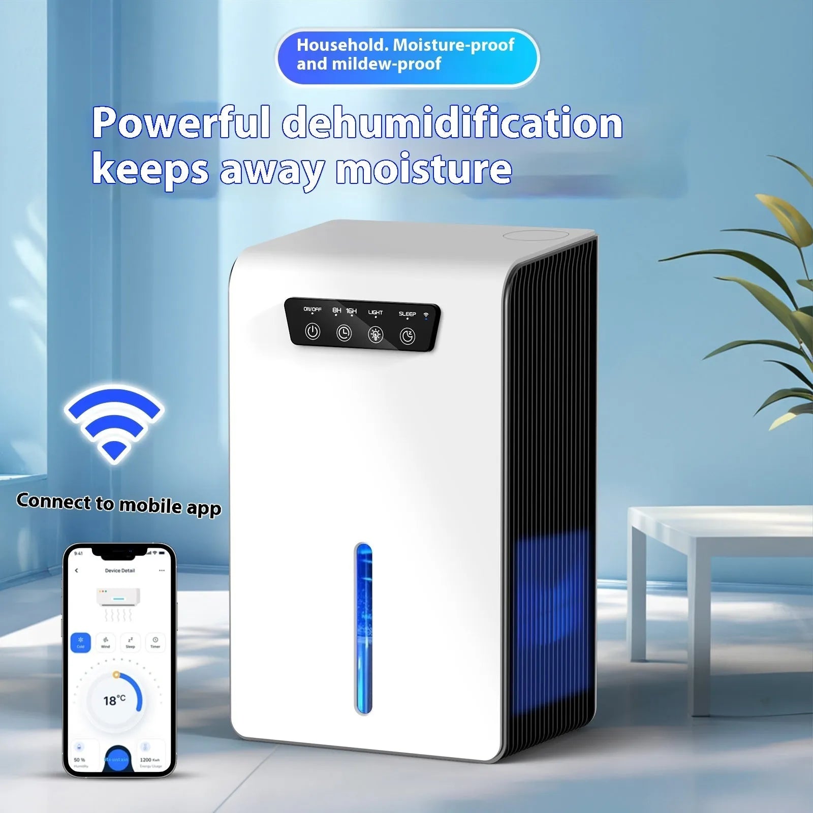 Milky white portable dehumidifier with water reservoir for bedroom moisture control