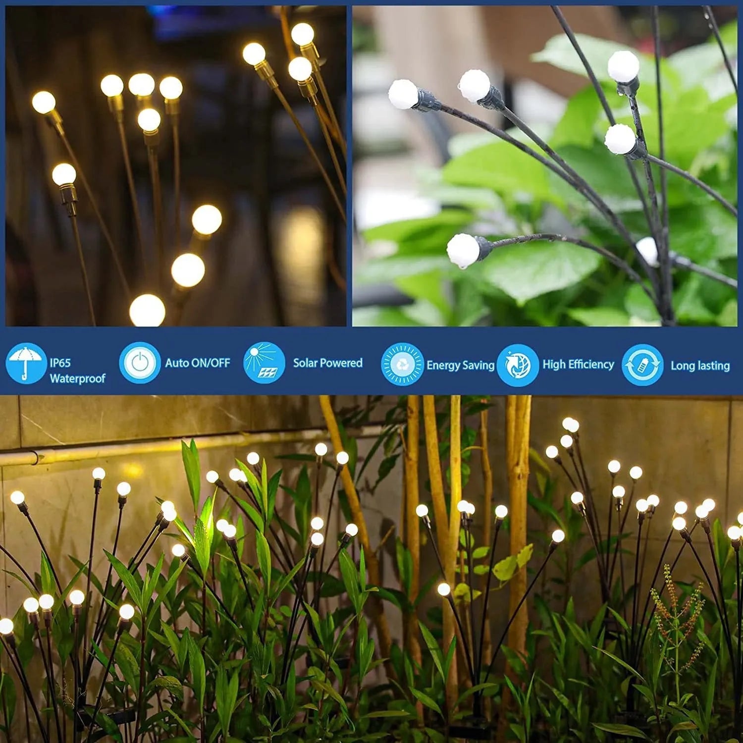 Set of solar-powered LED garden lights with ground spikes, showing firefly-style heads and solar panel.