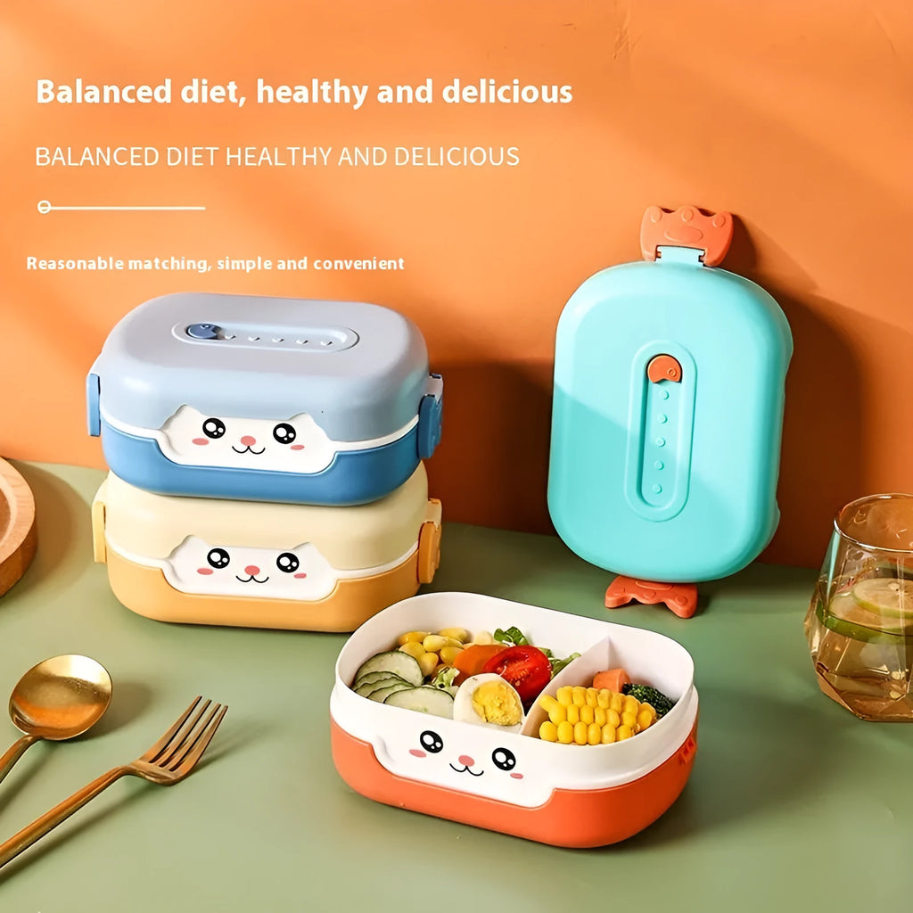Square plastic divided lunch box in solid colours with cartoon design