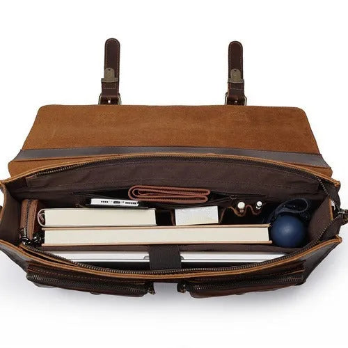 Cowhide leather crossbody computer bag in dark brown with business styling and anti-theft features