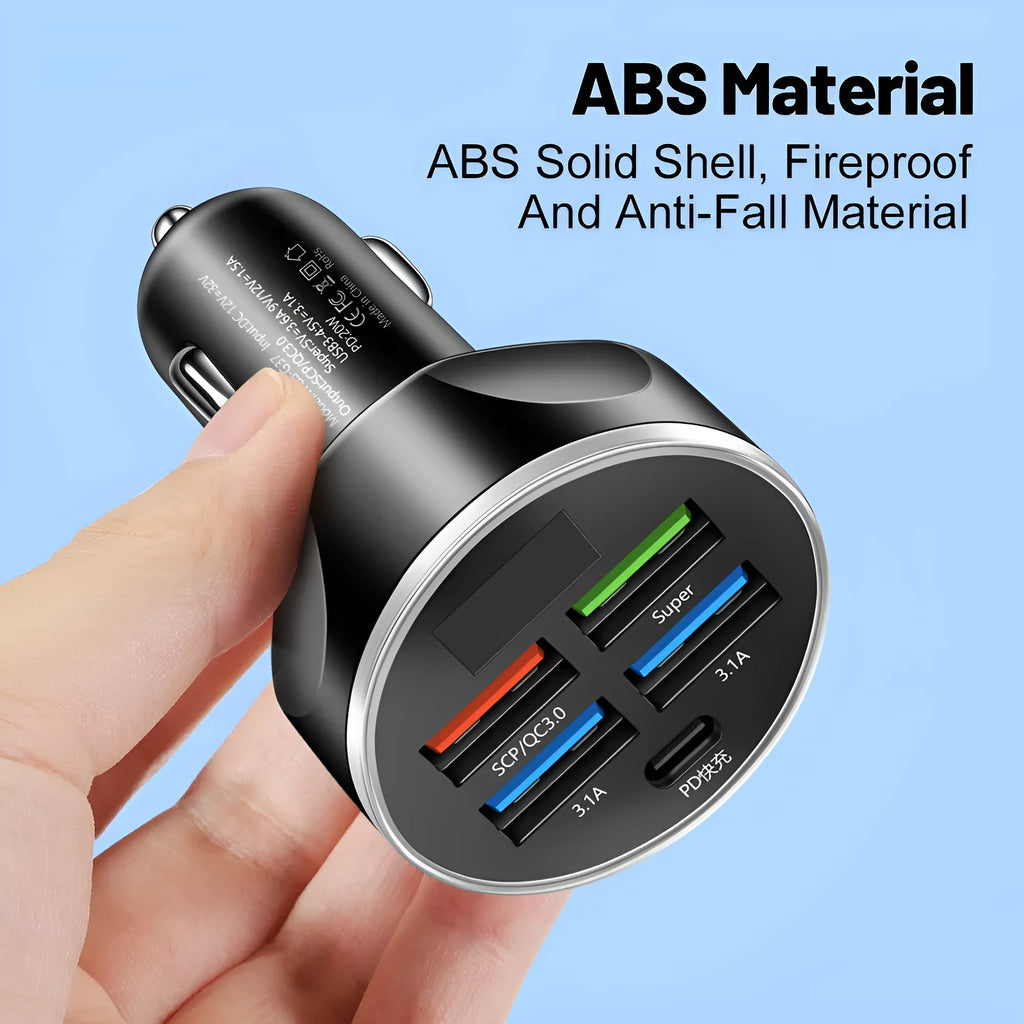 Super fast charge 5-in-1 car charger with digital display, black, USB and PD ports