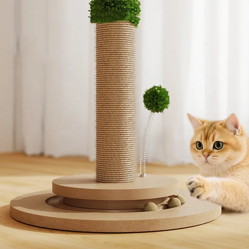 Vertical canna-coloured cat climbing frame with a hemp rope scratching post and simple design.