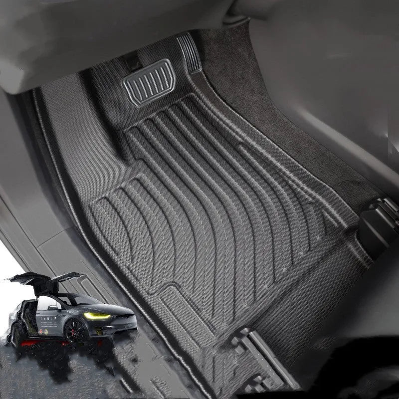 TPE rubber car mat set for Tesla Model X showing front, rear, and tailbox mats.